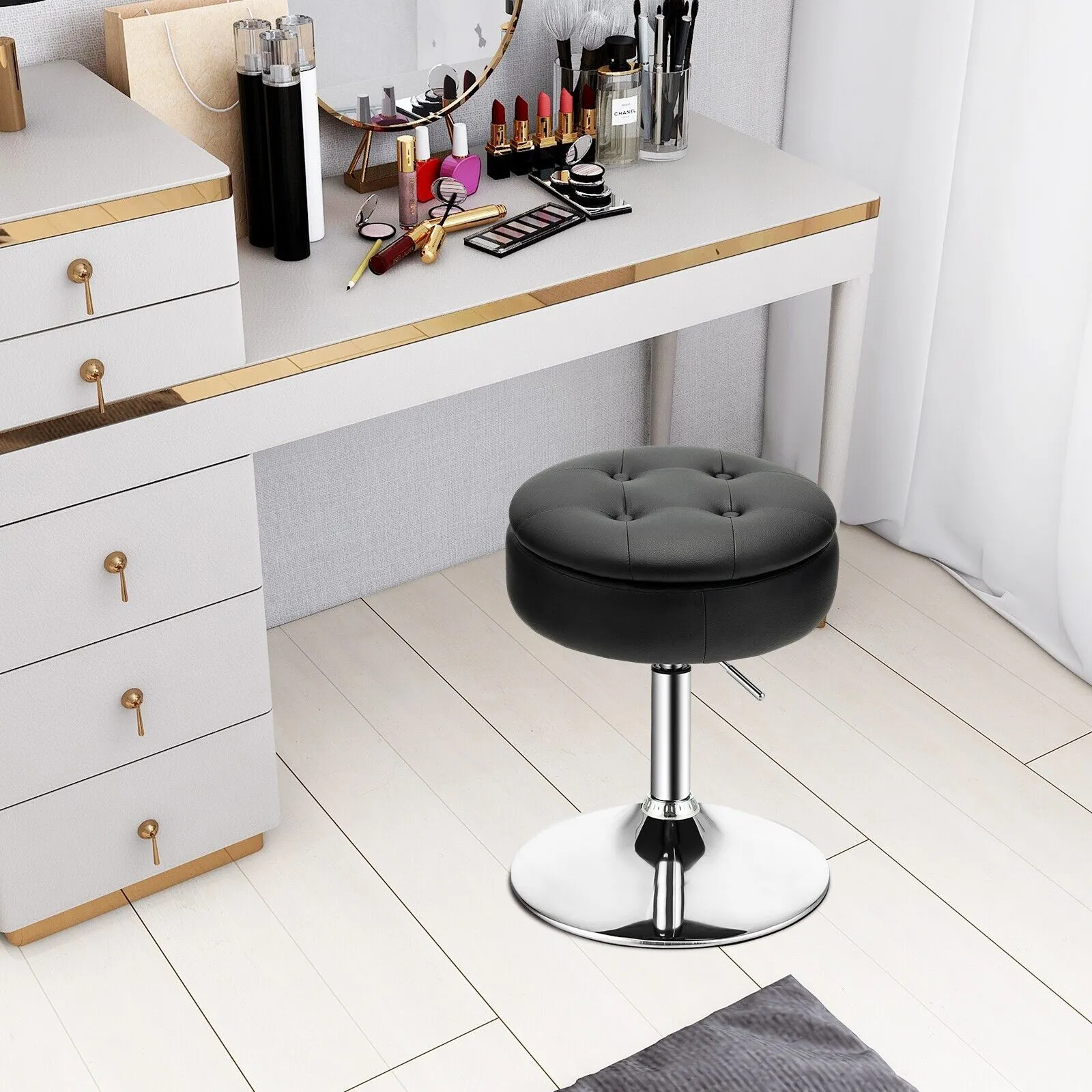 360° Swivel Vanity Stool with Removable Tray Lid-Black