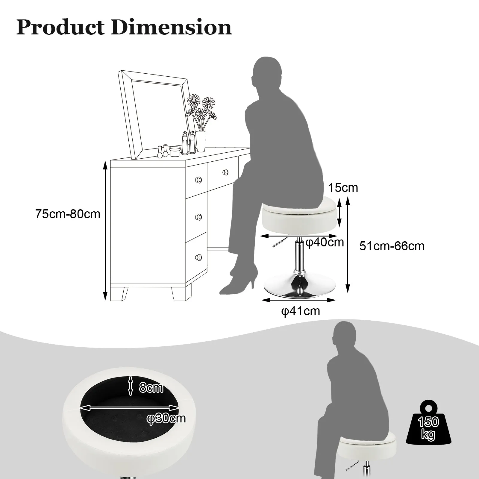 360° Swivel Vanity Stool with Removable Tray Lid-White