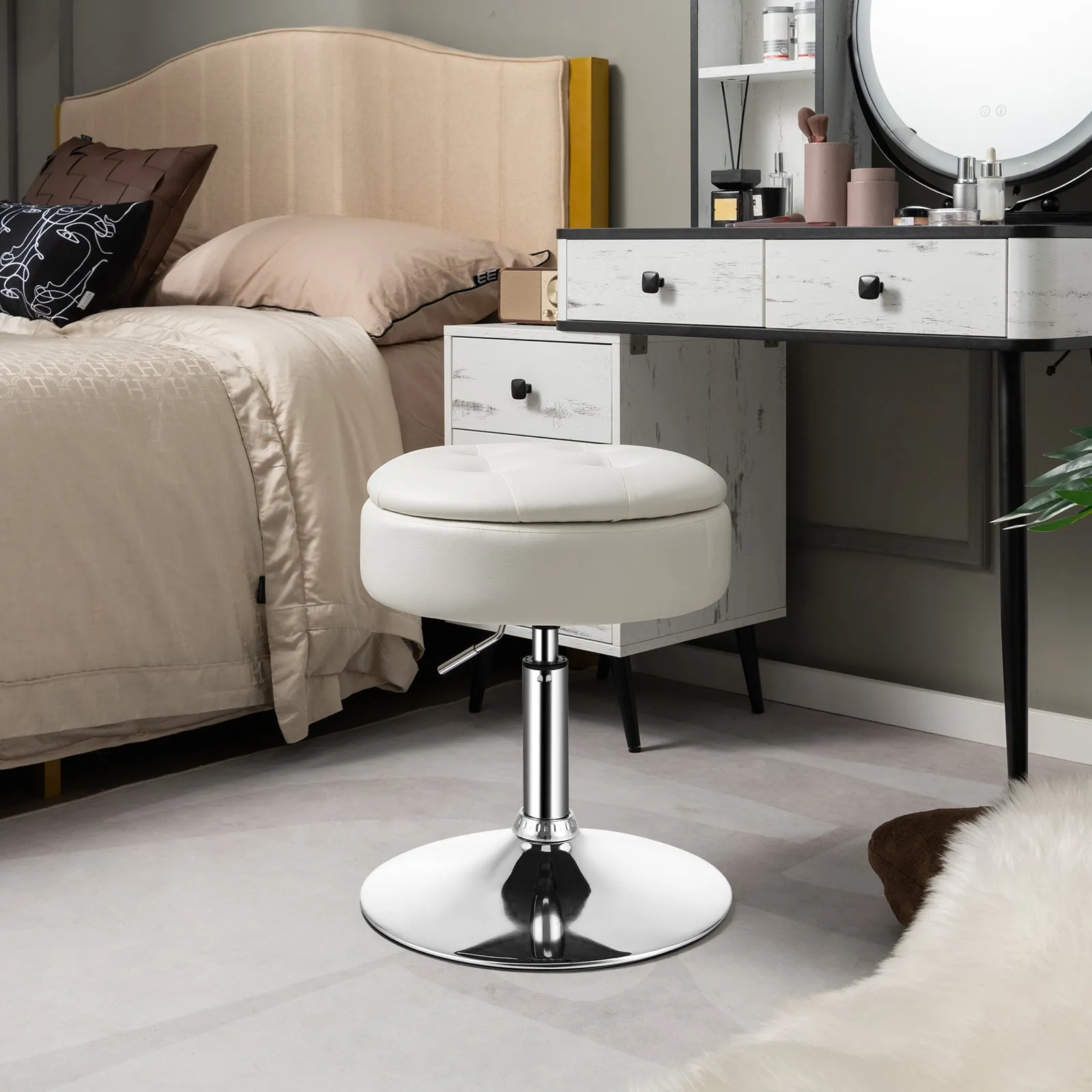 360° Swivel Vanity Stool with Removable Tray Lid-White