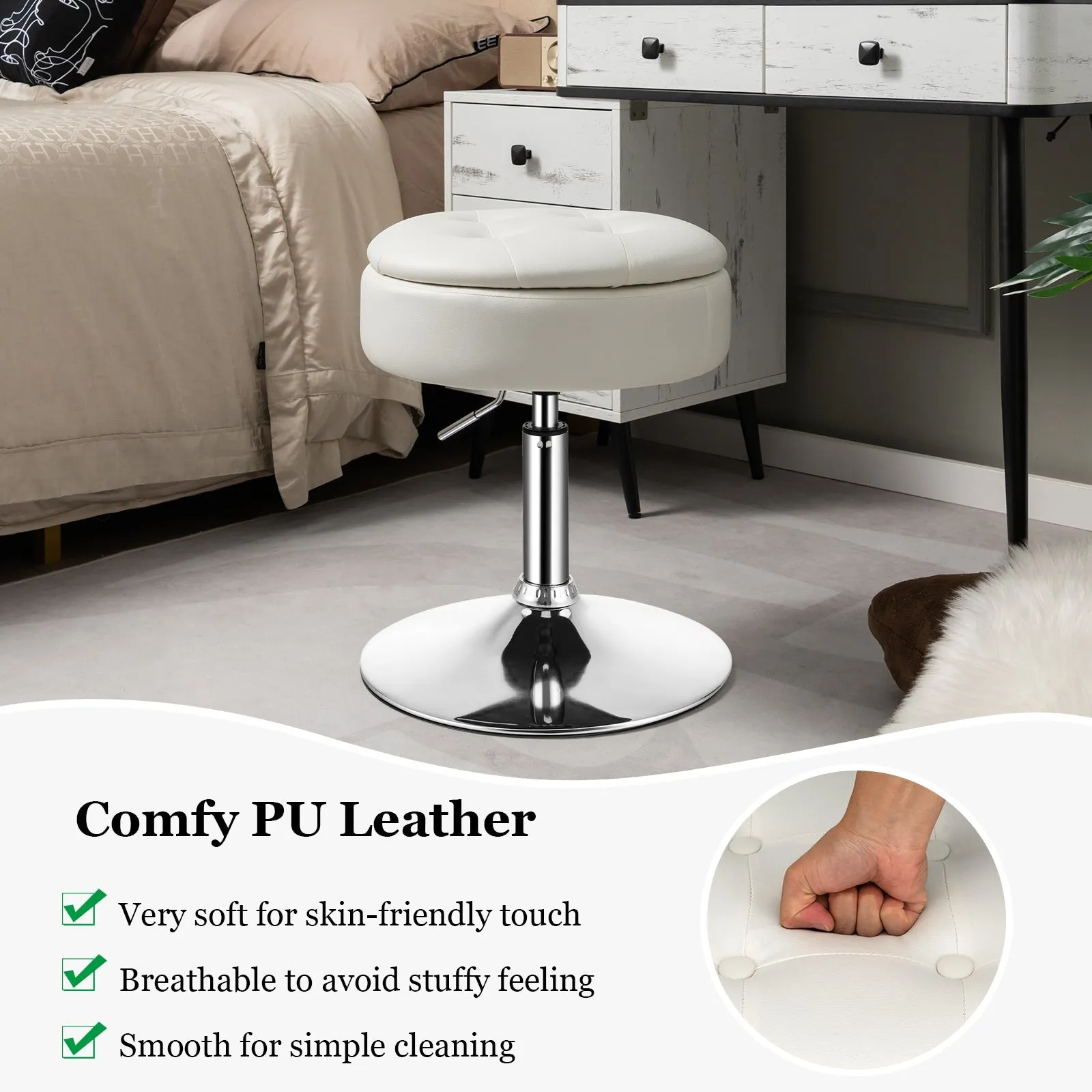 360° Swivel Vanity Stool with Removable Tray Lid-White