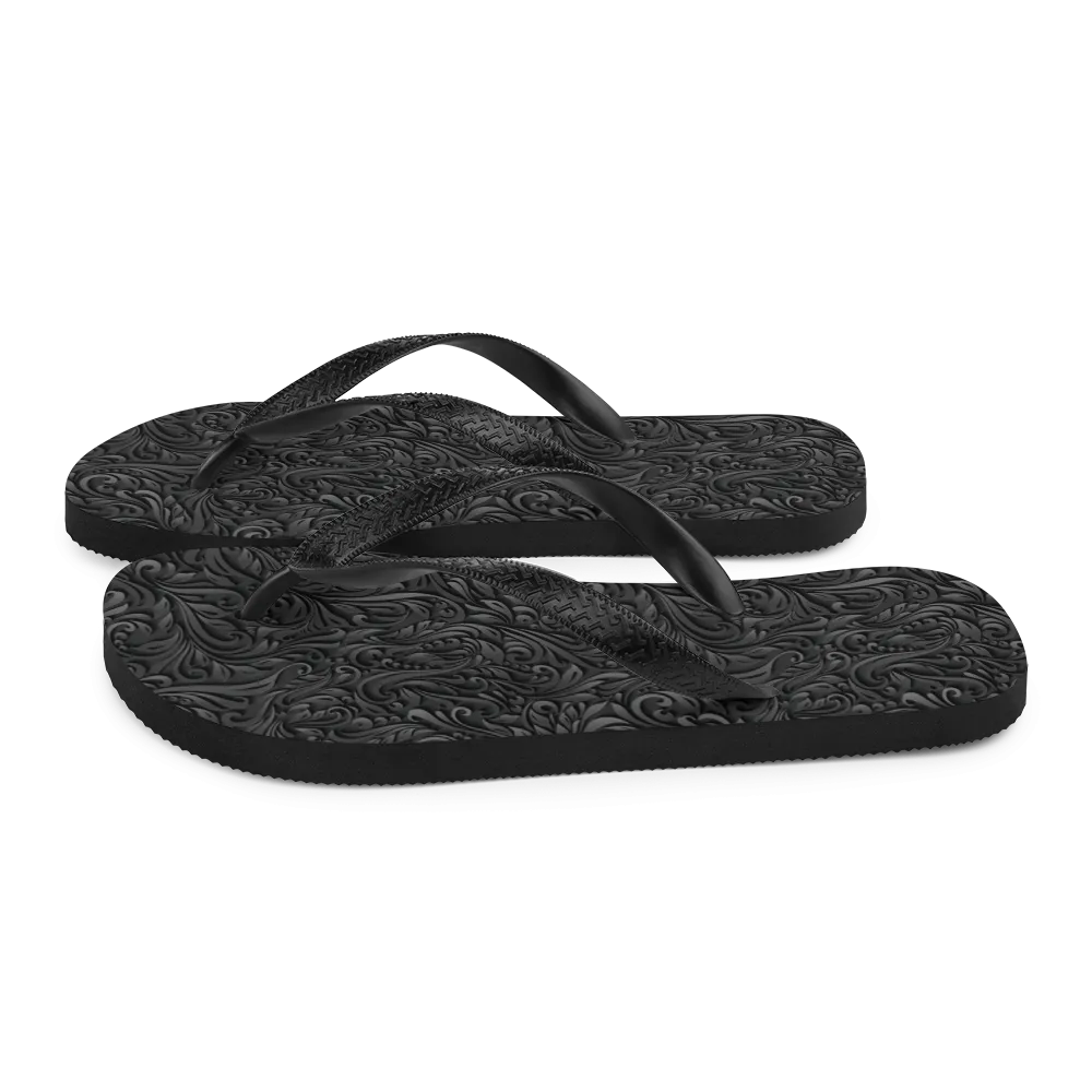 3D Black Ornament Pattern Flip-Flops