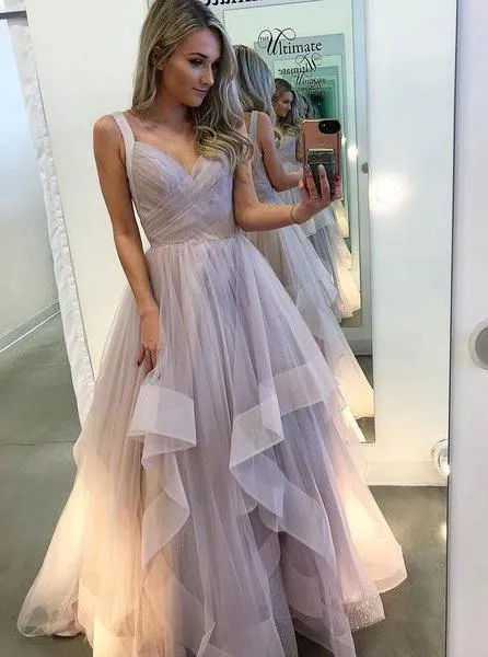 A-line Long Prom Dresses Lavender Tiered Tulle Sleeveless Evening Gown