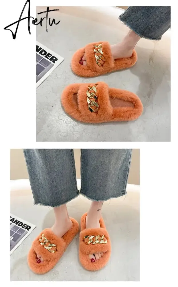 Aiertu  Women Fashion Metal Chain Warm Fluffy Slippers Cozy Faux Fur  Indoor Floor Outdoor Slides Flat Soft Furry Ladies Celebrities Fli