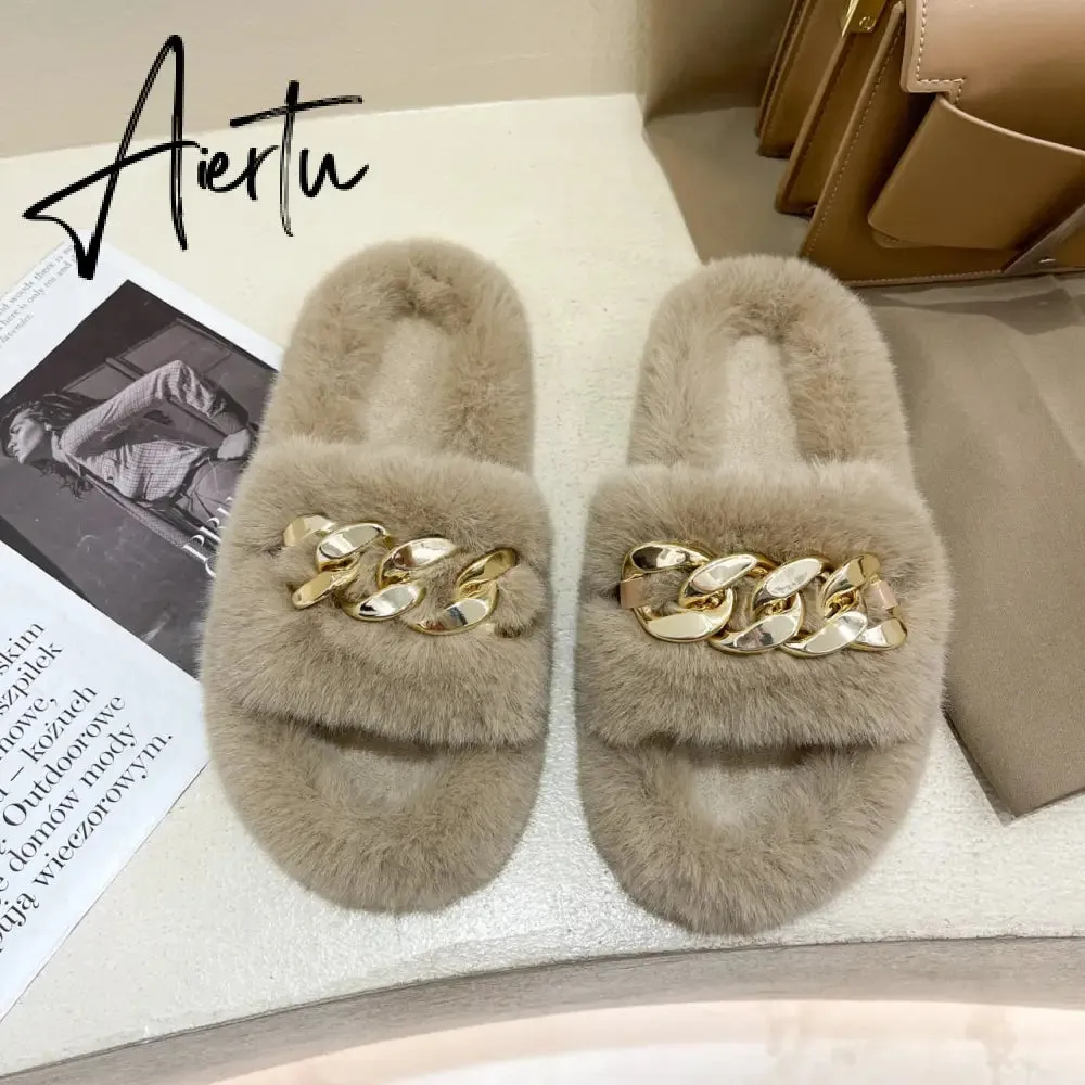 Aiertu  Women Fashion Metal Chain Warm Fluffy Slippers Cozy Faux Fur  Indoor Floor Outdoor Slides Flat Soft Furry Ladies Celebrities Fli