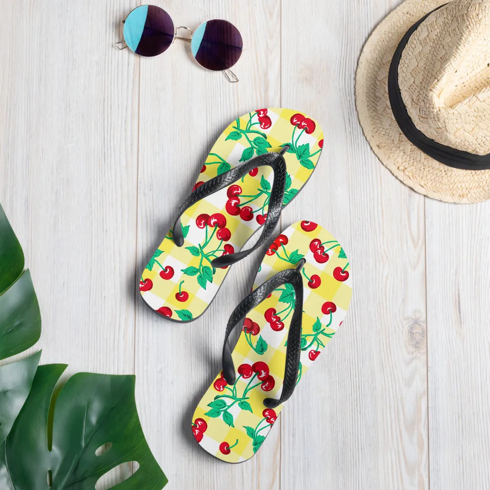 Amie Thong Flip-Flop Beach Sandals in Yellow Gingham Cherry Girl | Pinup Couture Relaxed