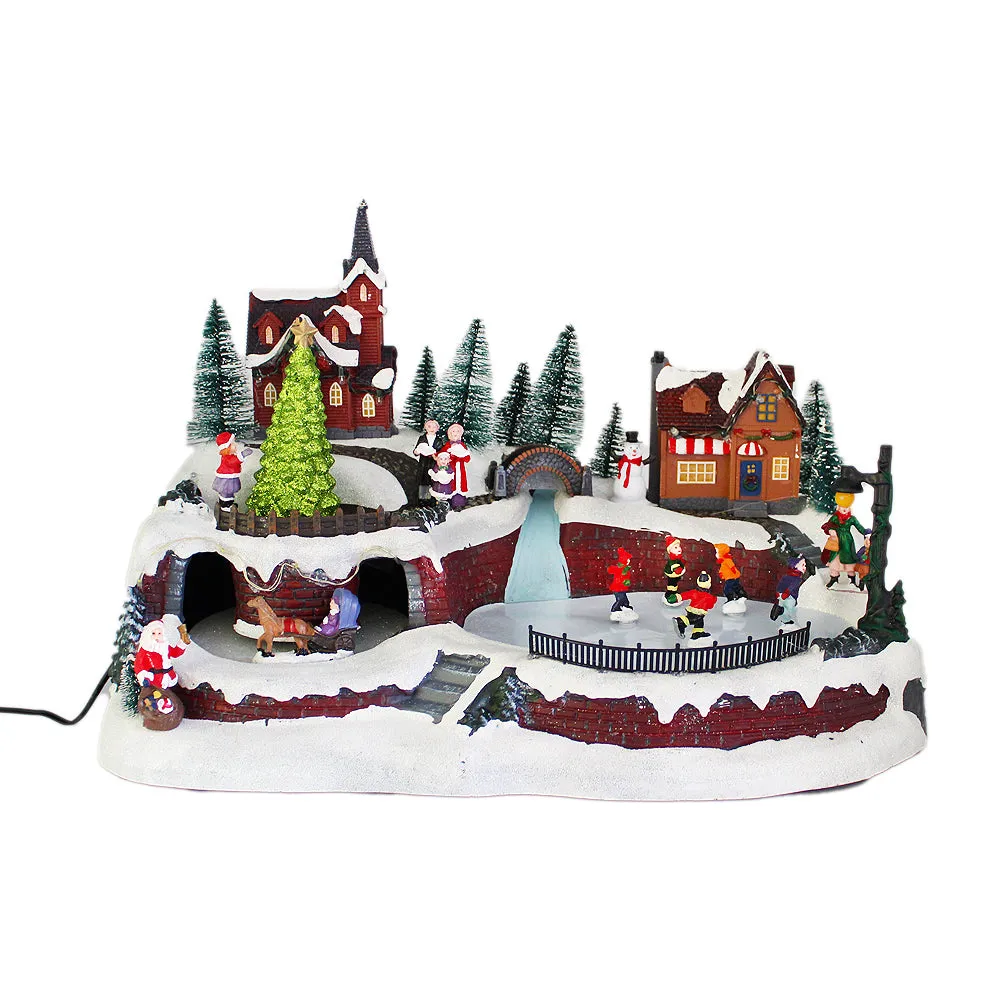 Animated Christmas Snowy Village Moving Skaters Sleigh LED Lights Music