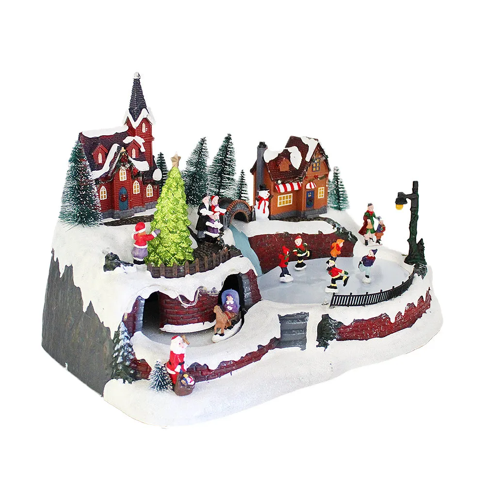 Animated Christmas Snowy Village Moving Skaters Sleigh LED Lights Music