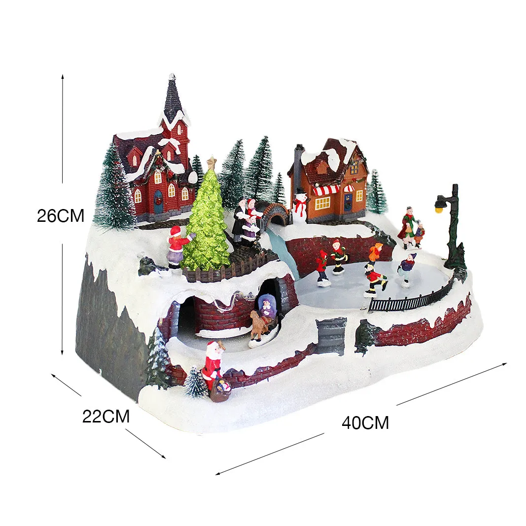 Animated Christmas Snowy Village Moving Skaters Sleigh LED Lights Music