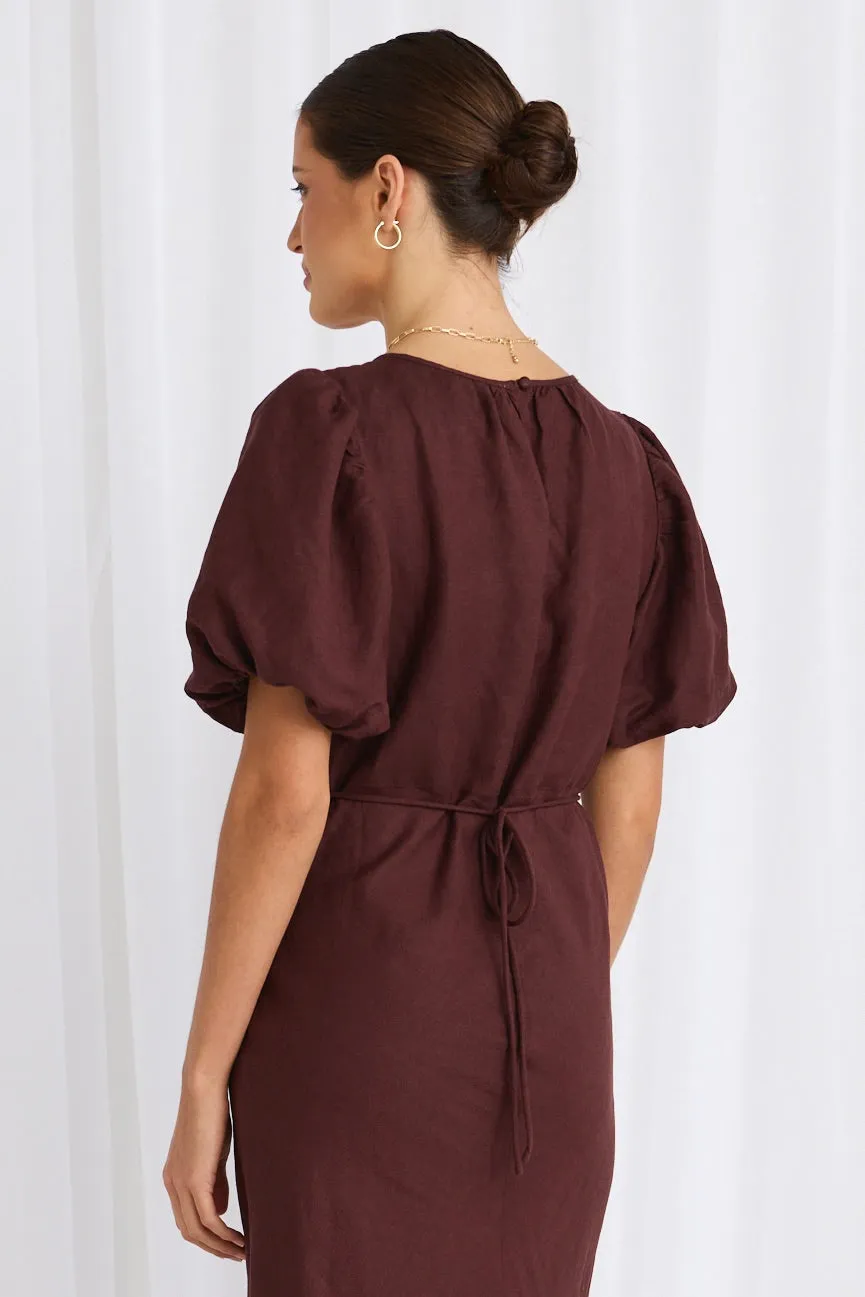 Astrid Cocoa Linen Blend Puff Sleeve Bias Dress