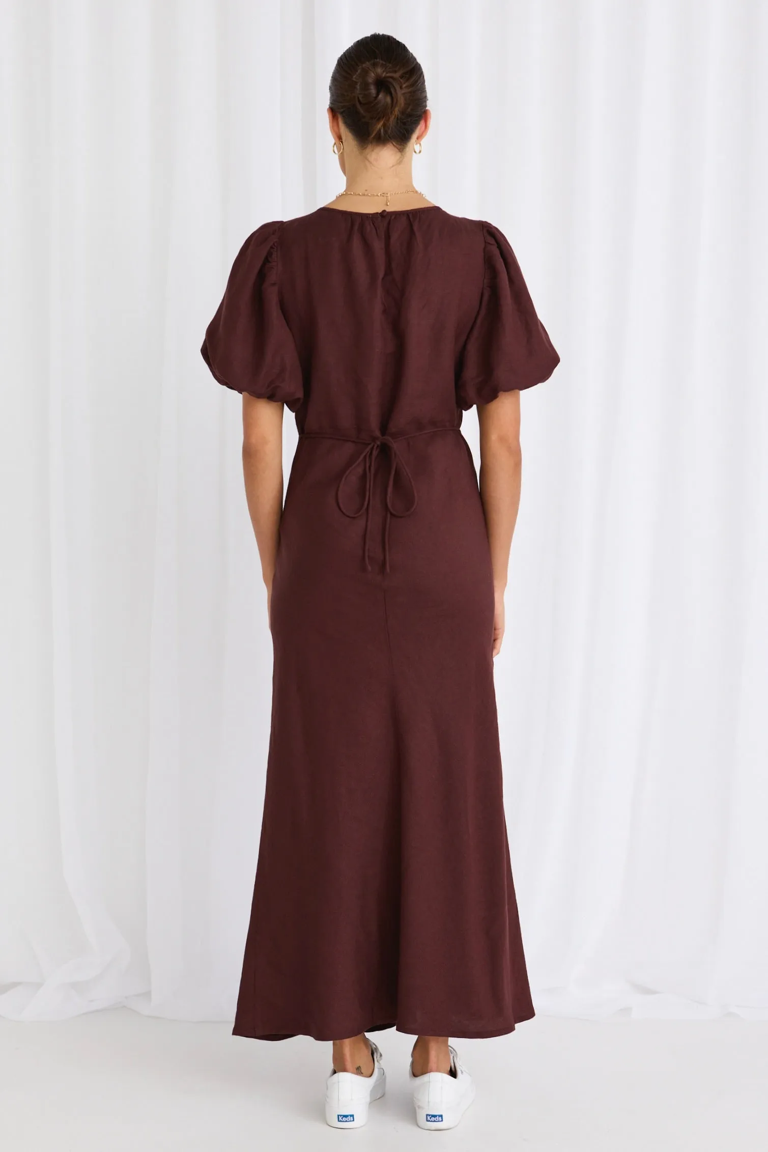 Astrid Cocoa Linen Blend Puff Sleeve Bias Dress