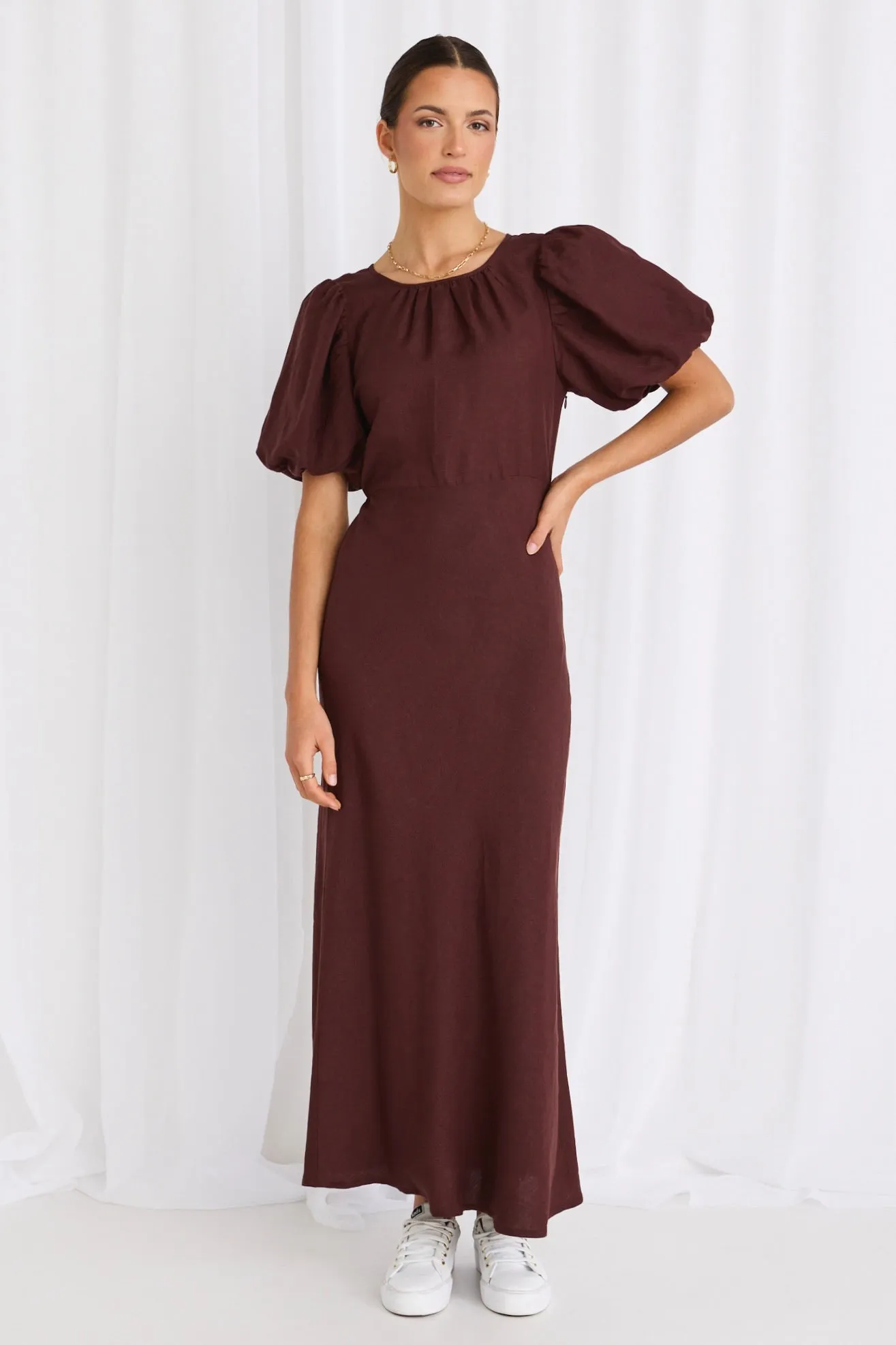 Astrid Cocoa Linen Blend Puff Sleeve Bias Dress