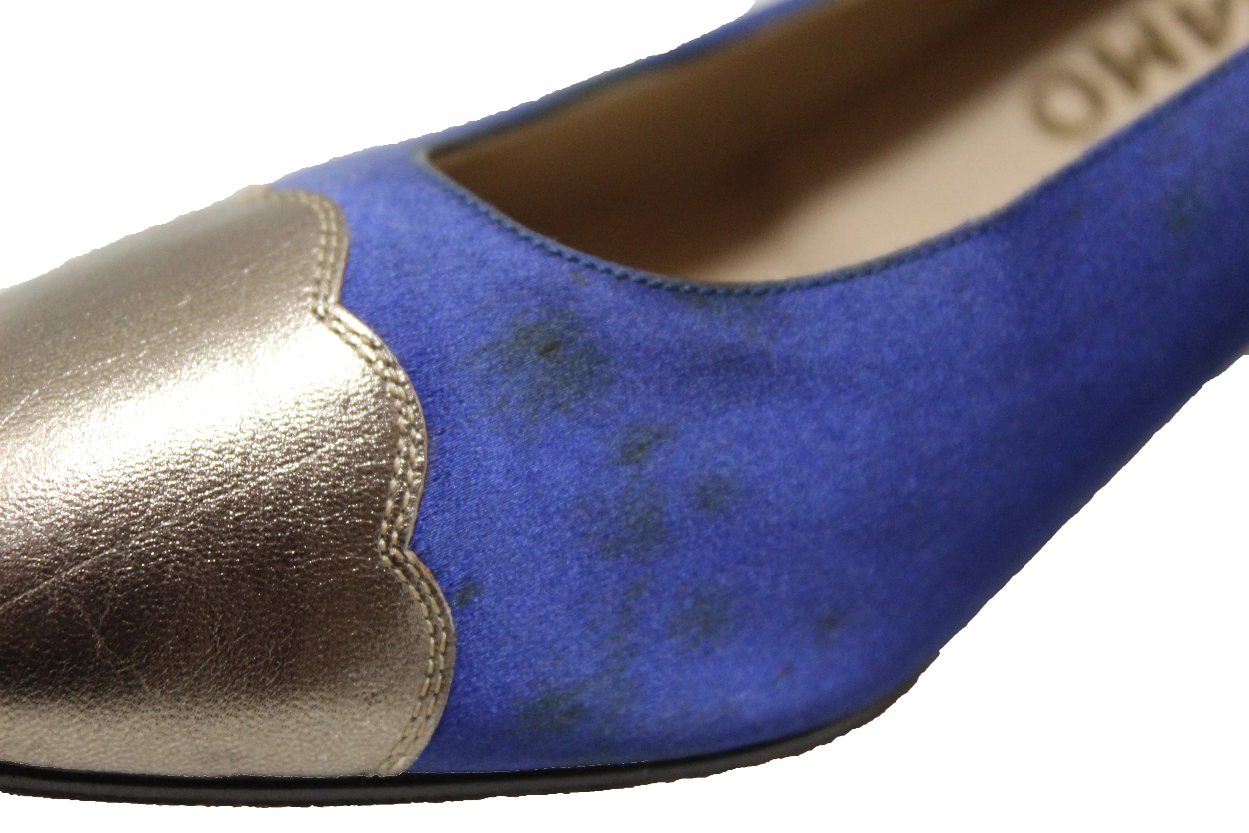 Authentic Salvatore Ferragamo Satin Blue with Grey Metallic Leather Pumps Size 7B