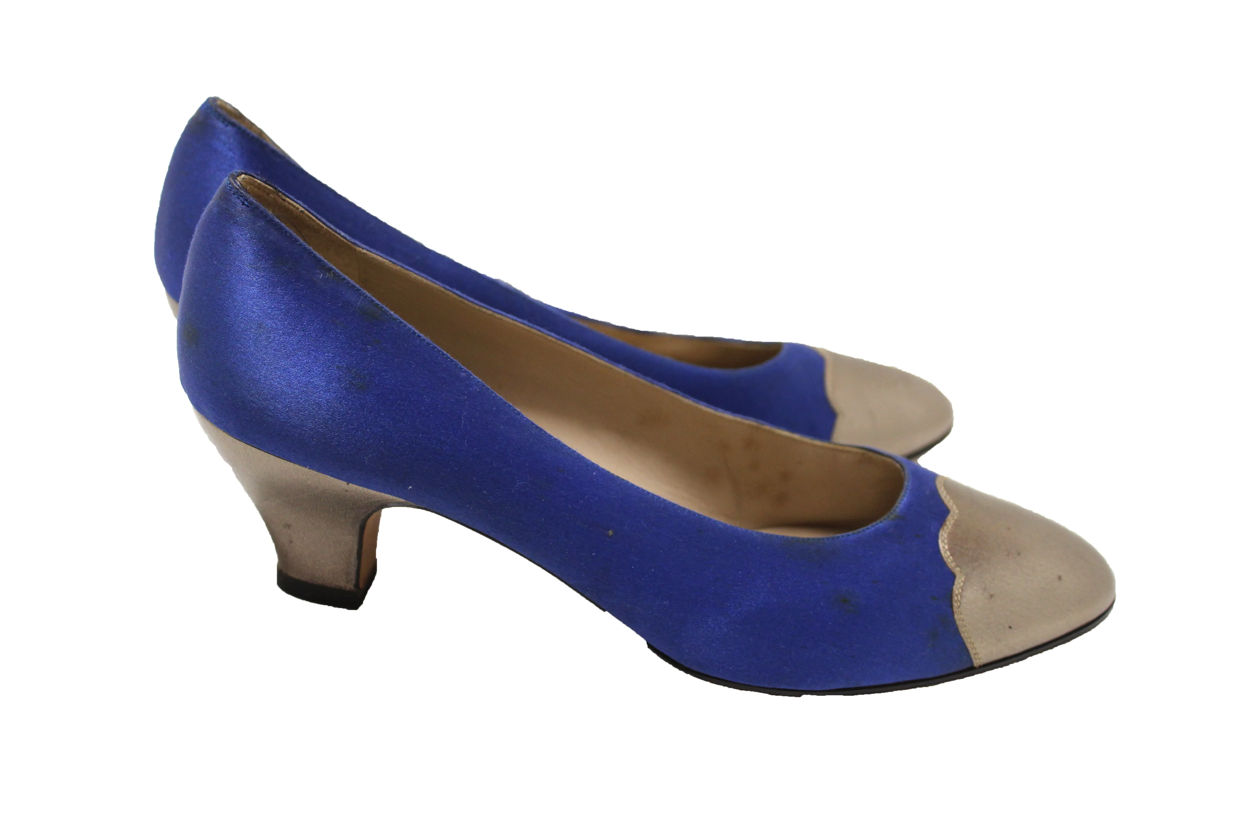 Authentic Salvatore Ferragamo Satin Blue with Grey Metallic Leather Pumps Size 7B