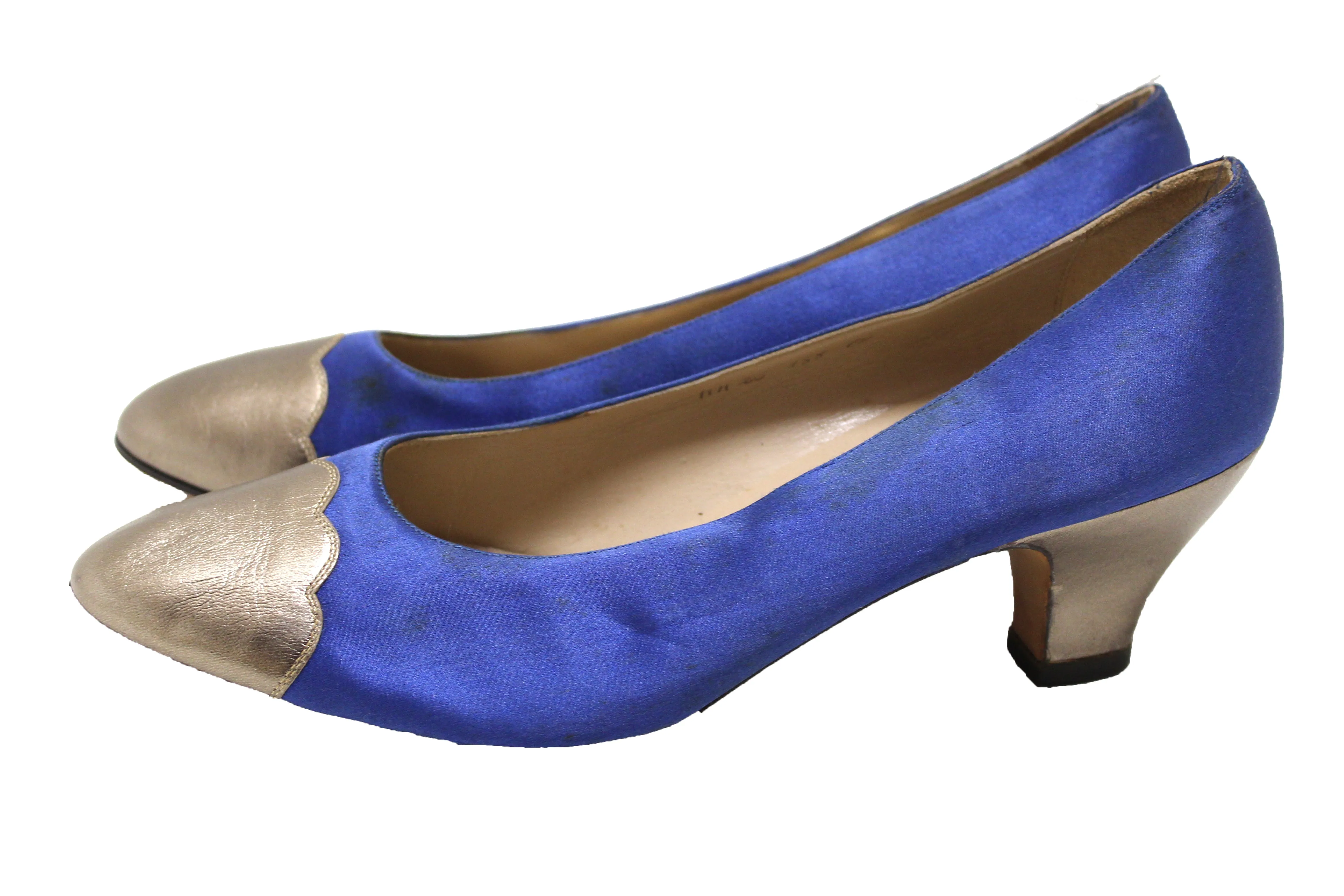 Authentic Salvatore Ferragamo Satin Blue with Grey Metallic Leather Pumps Size 7B