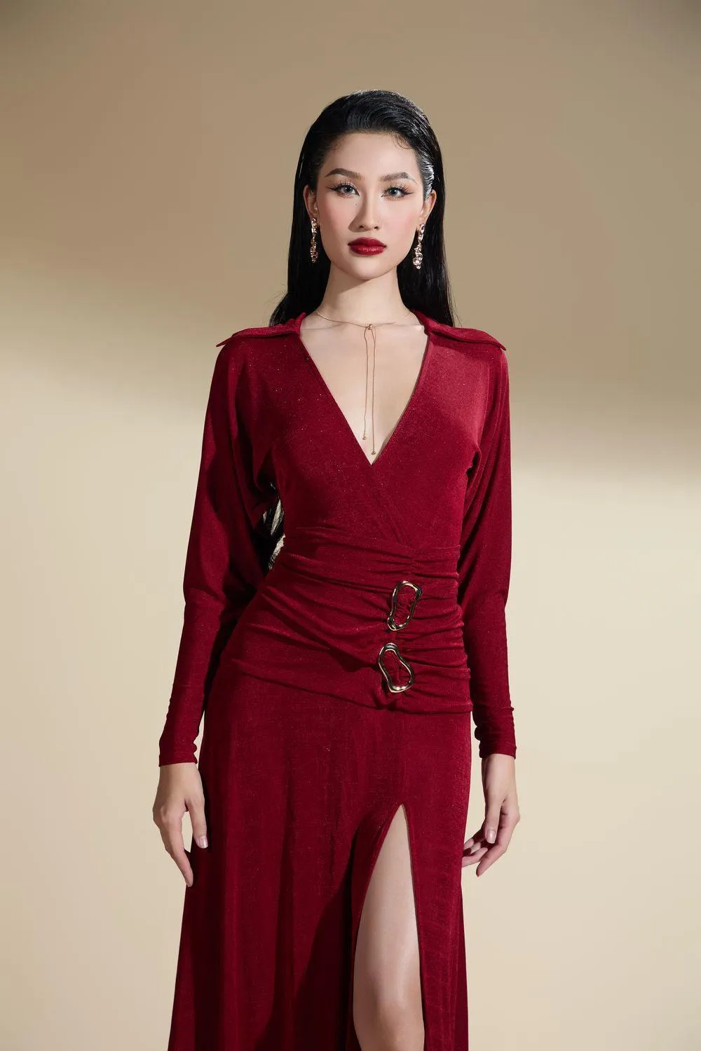 Ayleen Slit Plunge Neck Polyester Spandex Midi Dress