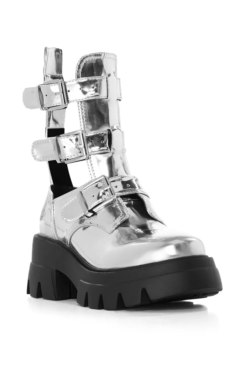 AZALEA WANG ATTICUS SILVER BUCKLE UP BOOTIE