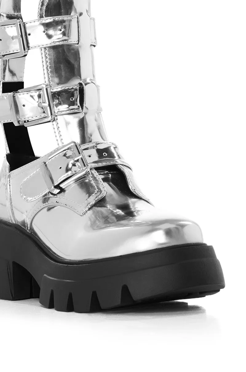 AZALEA WANG ATTICUS SILVER BUCKLE UP BOOTIE