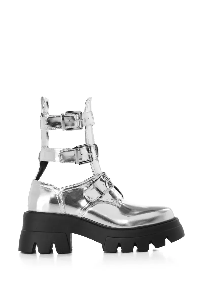 AZALEA WANG ATTICUS SILVER BUCKLE UP BOOTIE