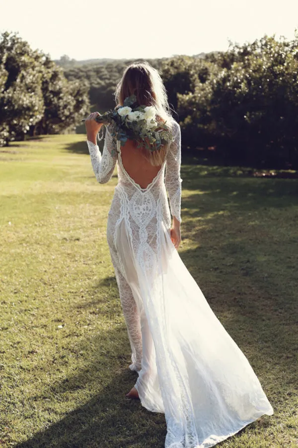 Backless Wedding Gown with Long Sleeves and Lace, WD2303043