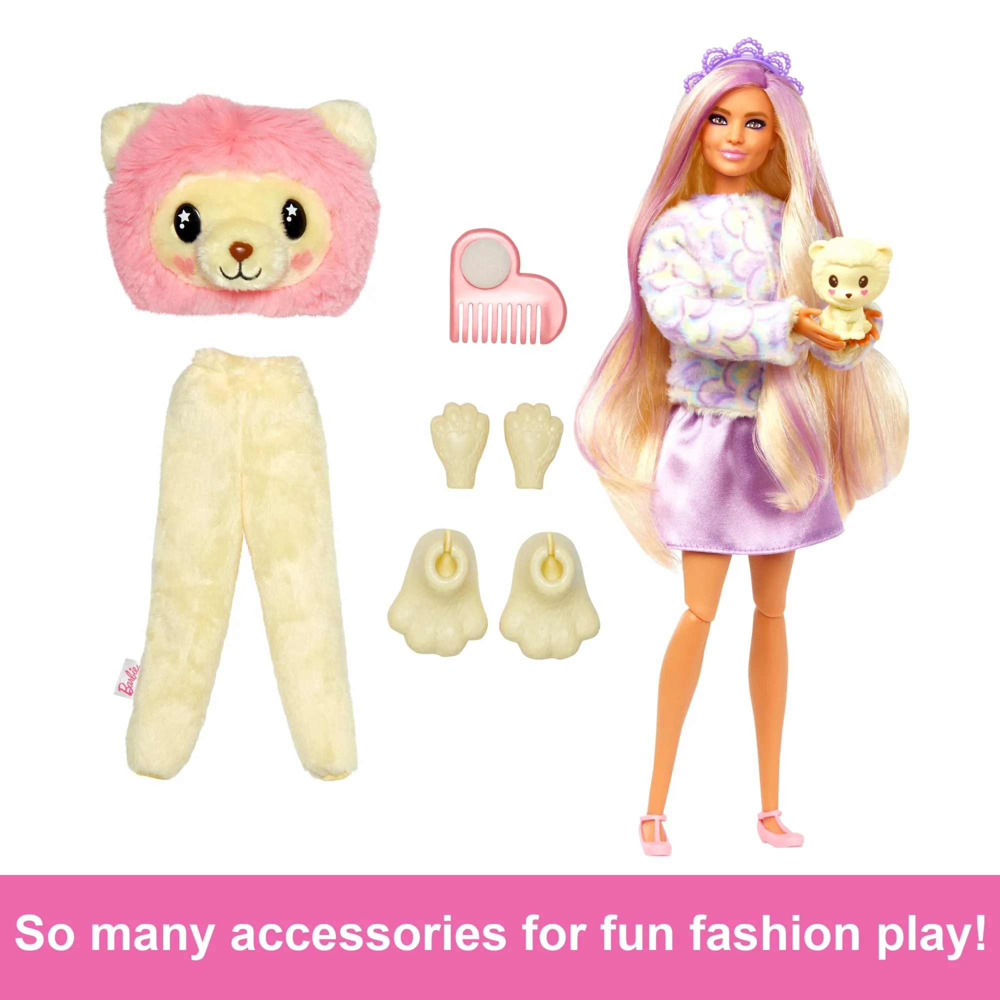 Barbie Cutie Reveal Doll & Accessories, Cozy Cute Tees Lion, “Hope” Tee, Purple-Streaked Blonde Hair, Brown Eyes