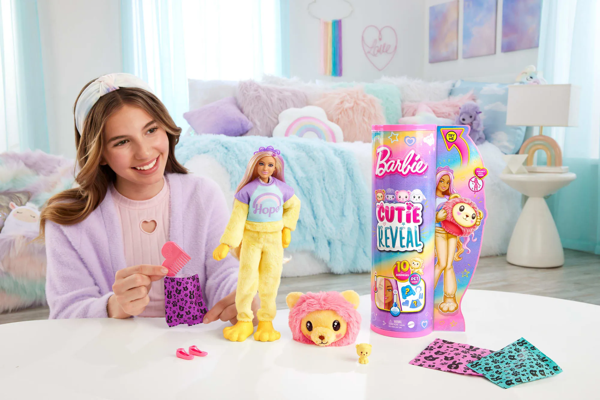 Barbie Cutie Reveal Doll & Accessories, Cozy Cute Tees Lion, “Hope” Tee, Purple-Streaked Blonde Hair, Brown Eyes