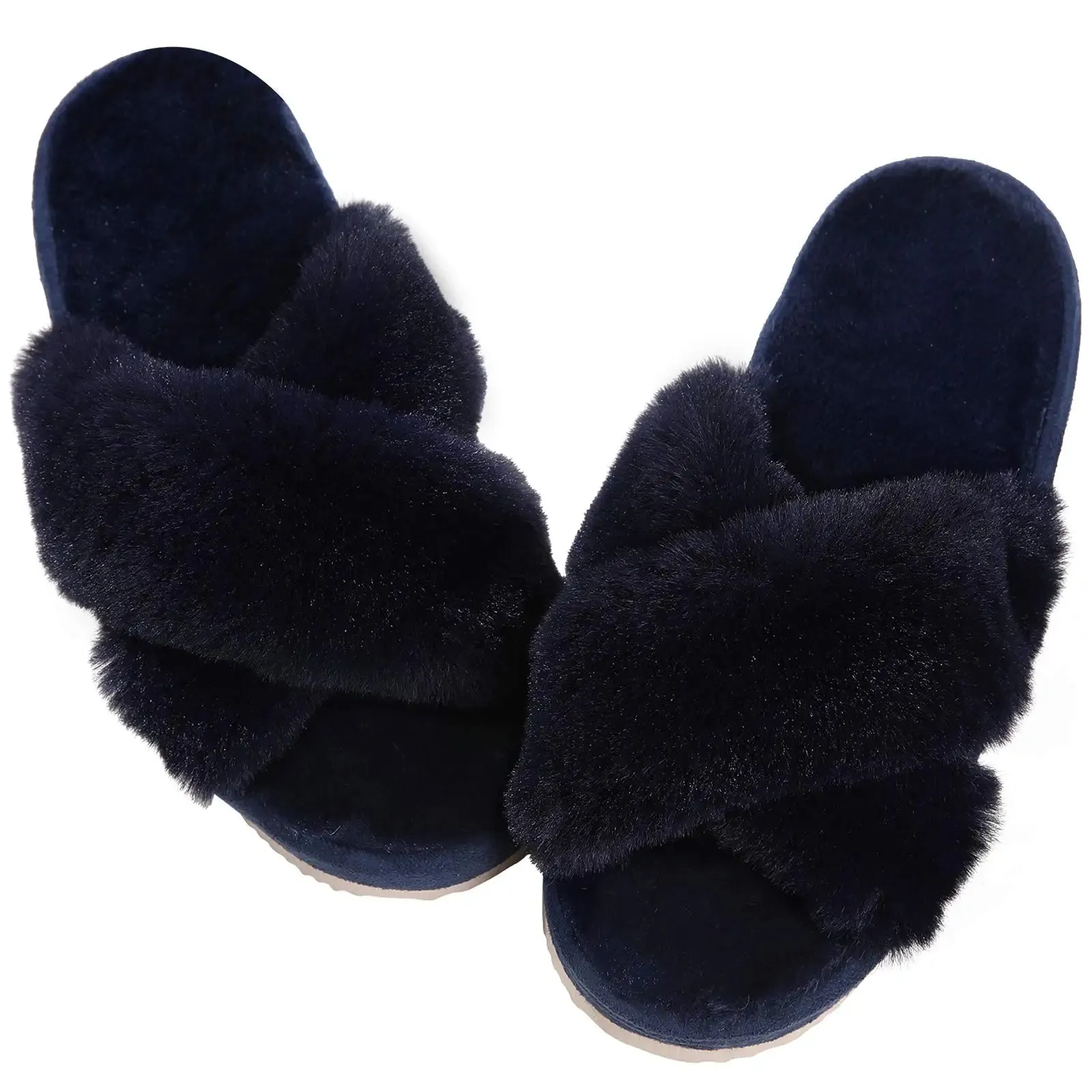 Bebealy Indoor Fluffy Slippers Women Fashion Winter Plush Open Toe Flip flops Women Fuzzy Cozy House Flip flops With Medium Arch