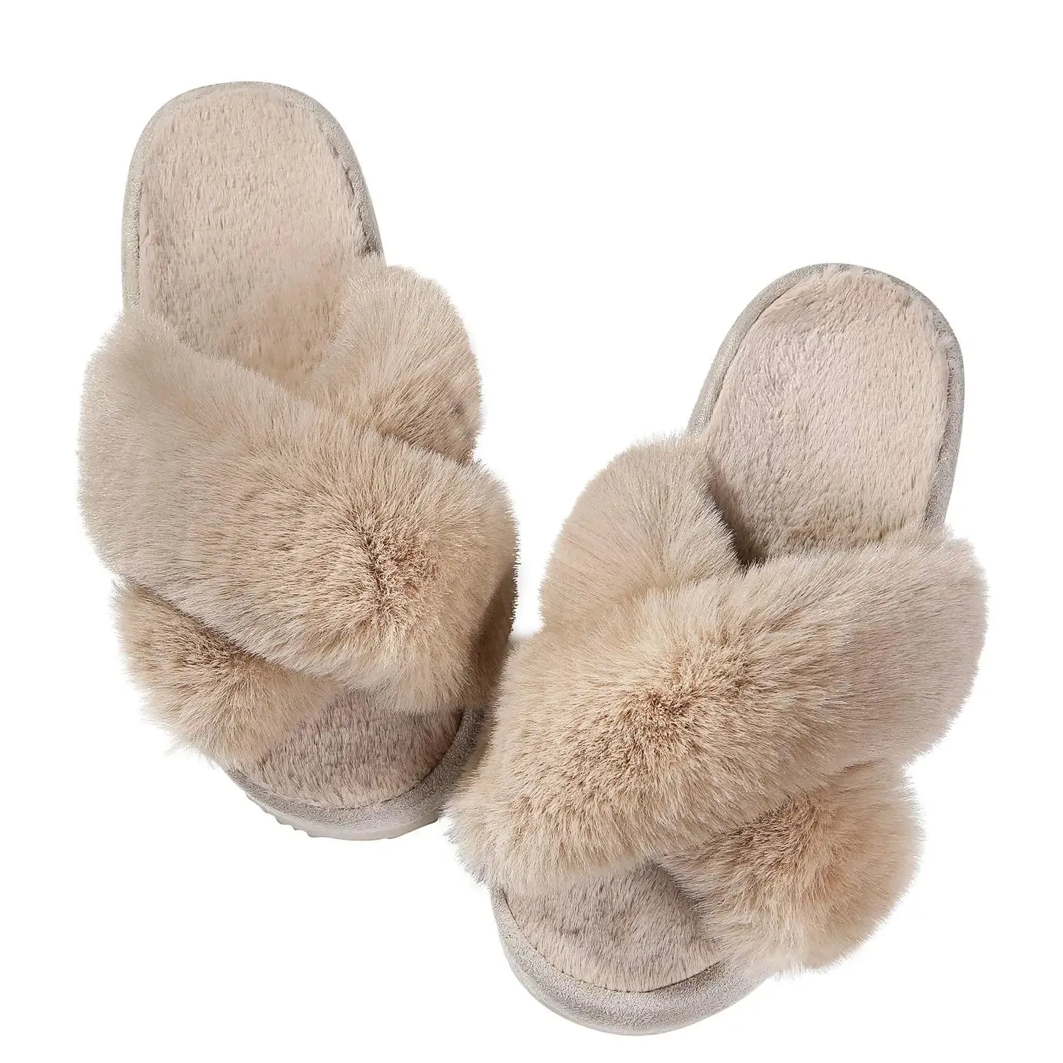 Bebealy Indoor Fluffy Slippers Women Fashion Winter Plush Open Toe Flip flops Women Fuzzy Cozy House Flip flops With Medium Arch