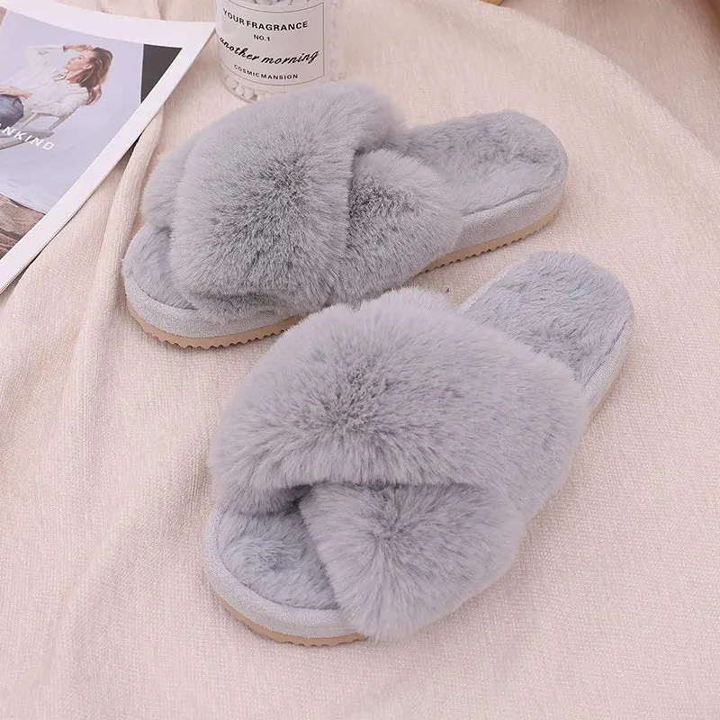 Bebealy Indoor Fluffy Slippers Women Fashion Winter Plush Open Toe Flip flops Women Fuzzy Cozy House Flip flops With Medium Arch