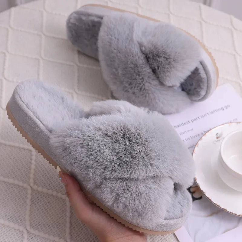 Bebealy Indoor Fluffy Slippers Women Fashion Winter Plush Open Toe Flip flops Women Fuzzy Cozy House Flip flops With Medium Arch