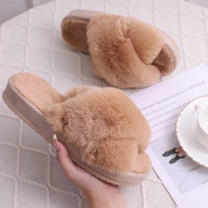 Bebealy Indoor Fluffy Slippers Women Fashion Winter Plush Open Toe Flip flops Women Fuzzy Cozy House Flip flops With Medium Arch