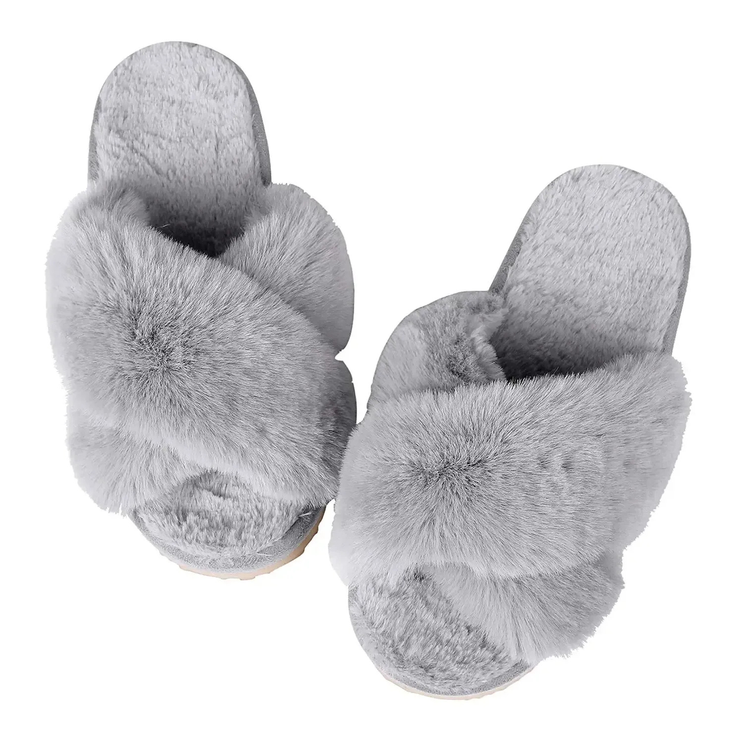 Bebealy Indoor Fluffy Slippers Women Fashion Winter Plush Open Toe Flip flops Women Fuzzy Cozy House Flip flops With Medium Arch