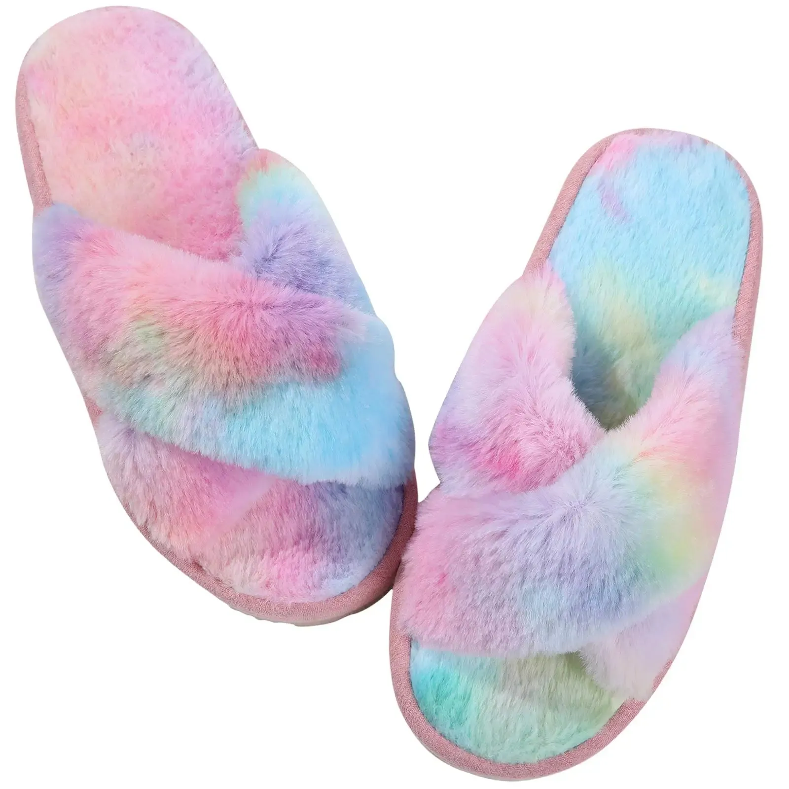 Bebealy Indoor Fluffy Slippers Women Fashion Winter Plush Open Toe Flip flops Women Fuzzy Cozy House Flip flops With Medium Arch