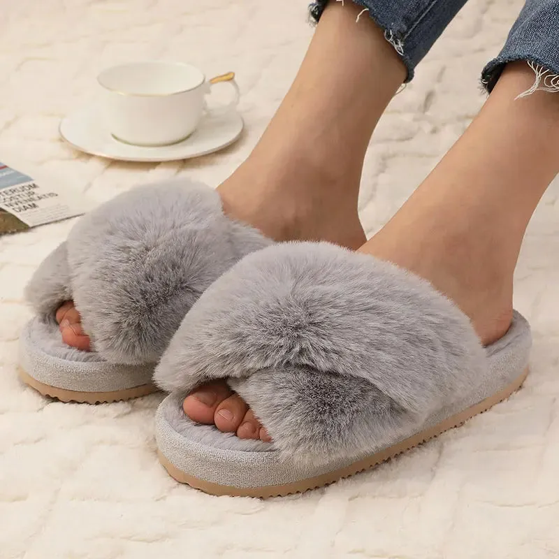 Bebealy Indoor Fluffy Slippers Women Fashion Winter Plush Open Toe Flip flops Women Fuzzy Cozy House Flip flops With Medium Arch