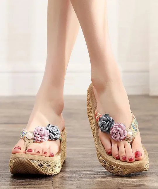 Beige Flip Flops Splicing Floral Platform Beach Holiday