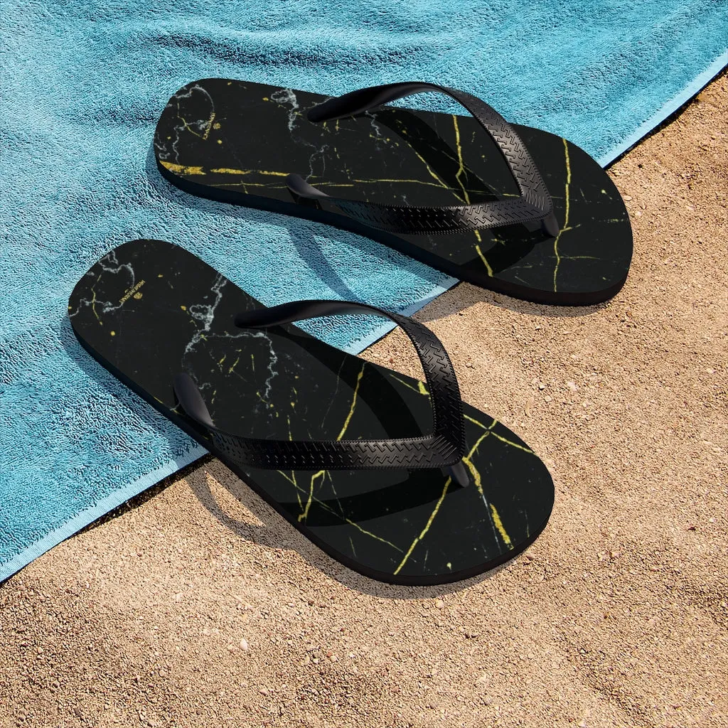 Black Marble Flip Flops, Marble Print Unisex Designer Flip-Flops Sandals- Made in USA