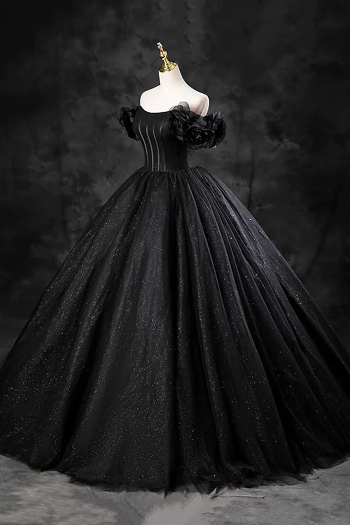 Black Off Shoulder Tulle Lace-up Sweet 16 Dress, Black Long Party Dress Prom Dress