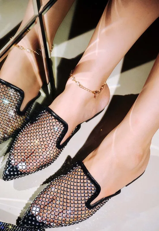 Black Womens Rhinestone Fishnet Pointy Toe Mlues Princle