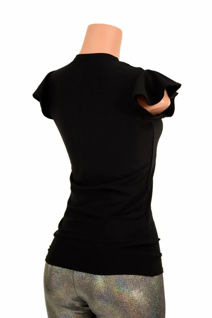 Black Zen Crew Neck Flip Sleeve Top