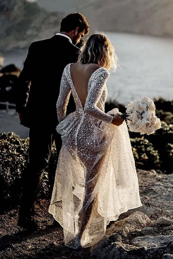 Bling Lace A-Line Wedding Dress with Deep V-Neck and See-Through Long Sleeves, WD23022343