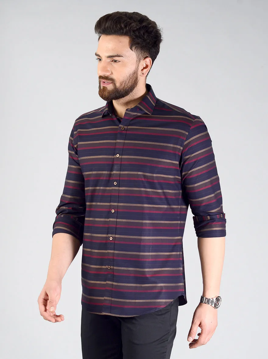 Blue & Red Striped Slim Fit Evening Wear Shirt | Metal