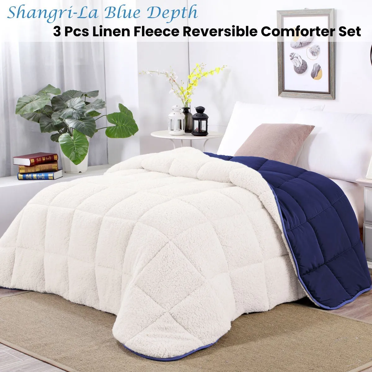 Blue Depth Sherpa Fleece Reversible 3 Pcs Comforter Set Queen