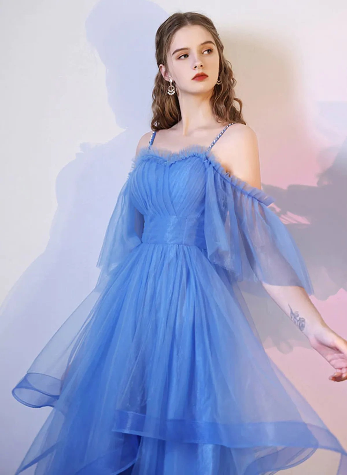 Blue Straps Sweetheart Beaded Party Dress, Blue Short Homecoming Dress Prom Dress