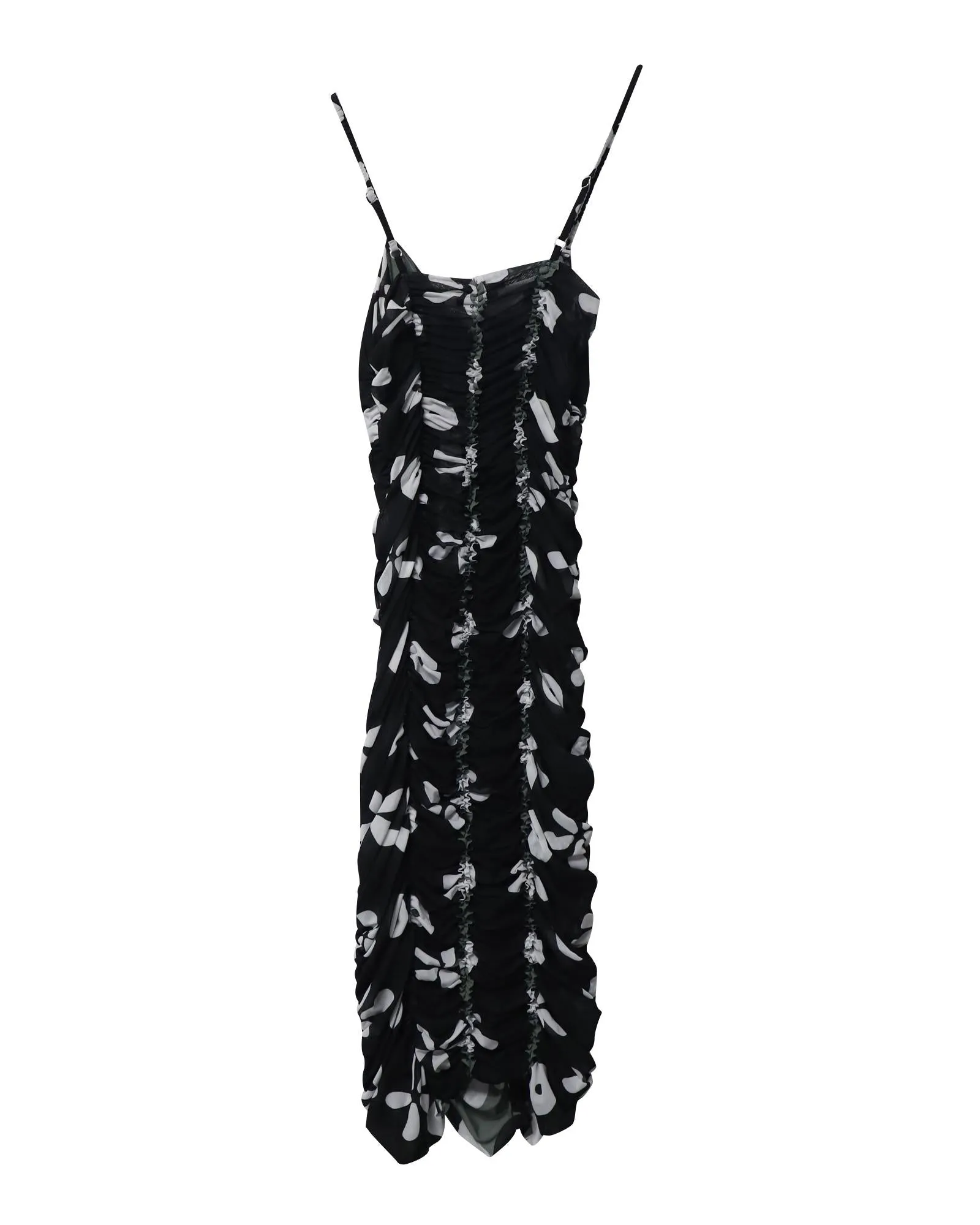 Bold Black-and-White Floral Ruched Midi Dress