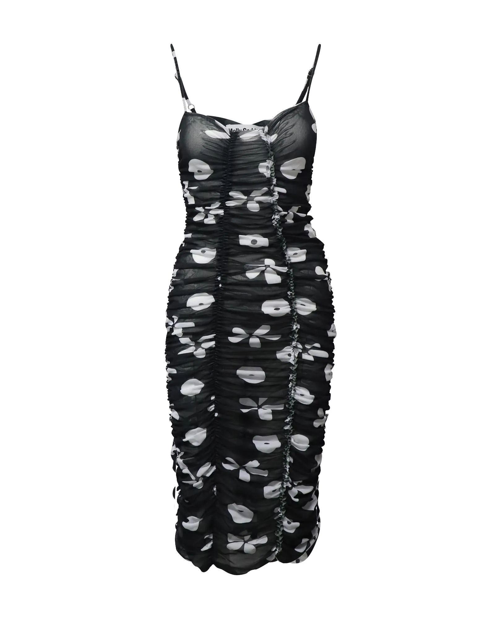 Bold Black-and-White Floral Ruched Midi Dress