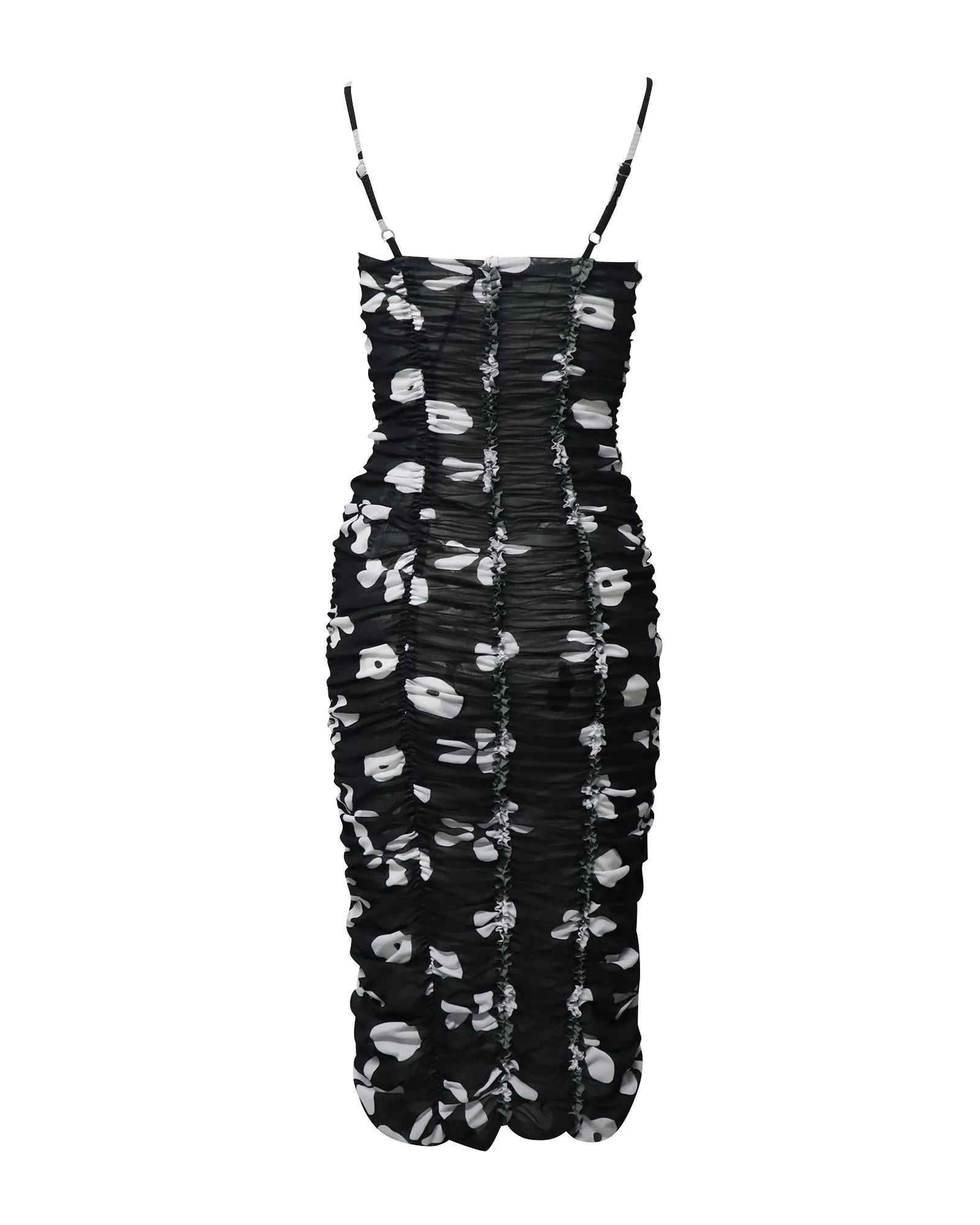 Bold Black-and-White Floral Ruched Midi Dress