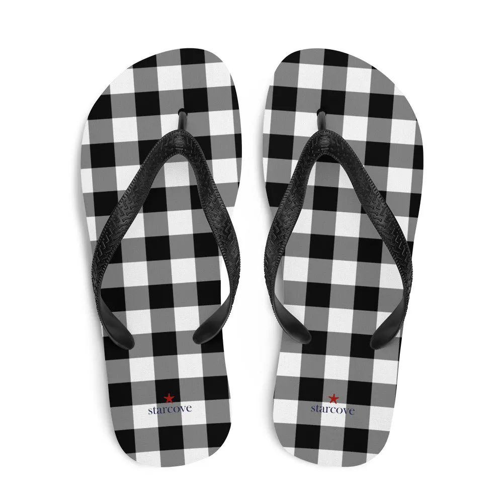 Buffalo Plaid Flip Flops, Black White Check Comfortable Footwear Thong Sandals Summer Woman Men Beach Print Rubber Shoes