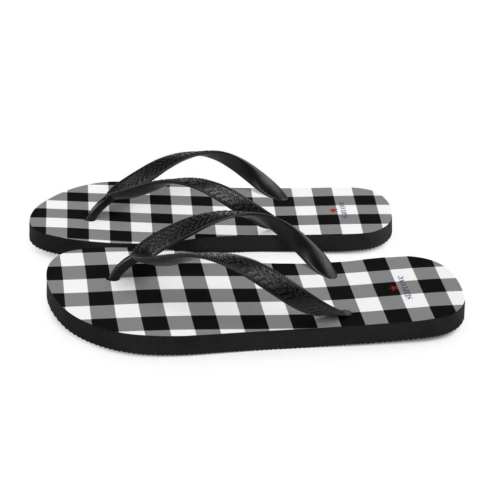 Buffalo Plaid Flip Flops, Black White Check Comfortable Footwear Thong Sandals Summer Woman Men Beach Print Rubber Shoes