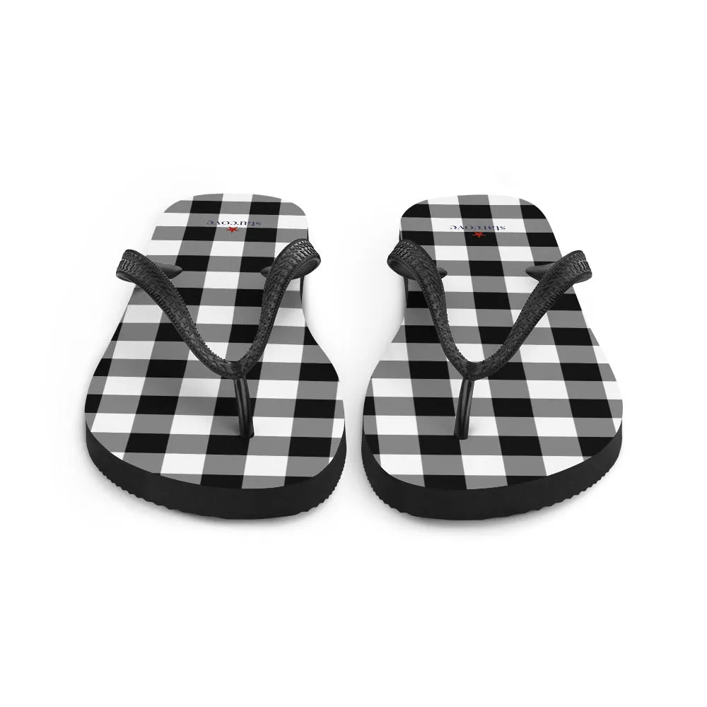 Buffalo Plaid Flip Flops, Black White Check Comfortable Footwear Thong Sandals Summer Woman Men Beach Print Rubber Shoes