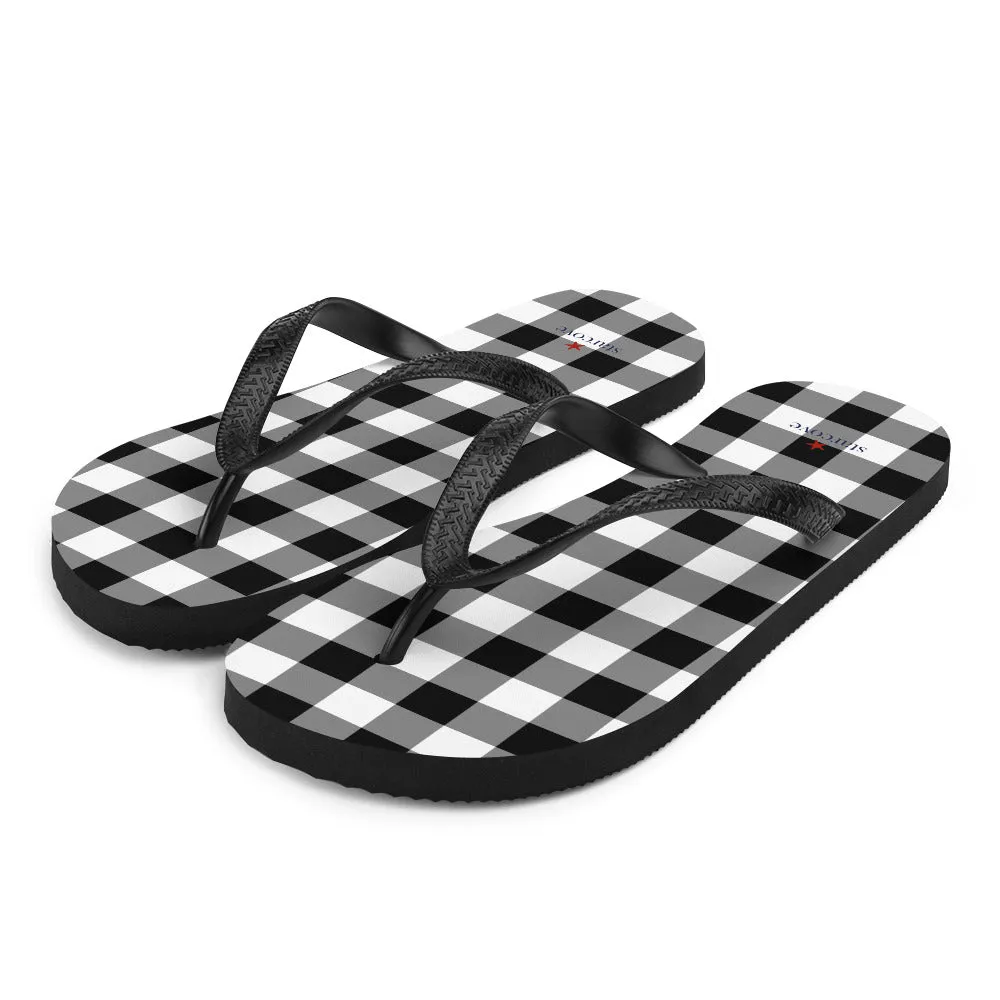 Buffalo Plaid Flip Flops, Black White Check Comfortable Footwear Thong Sandals Summer Woman Men Beach Print Rubber Shoes