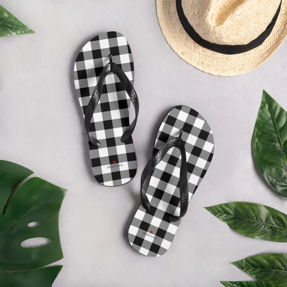 Buffalo Plaid Flip Flops, Black White Check Comfortable Footwear Thong Sandals Summer Woman Men Beach Print Rubber Shoes